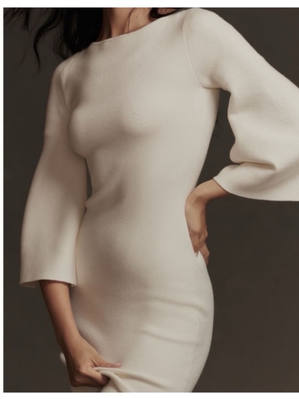NWT Anthropologie Fluted-Sleeve Elegant Soft Knit Sweater Midi Dress in Ivory, S - Picture 5 of 16